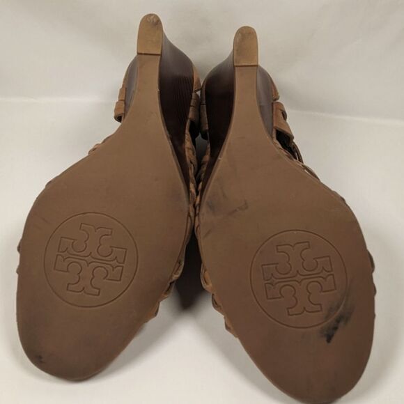 Tory Burch Tevray Huarache Tan Leather 4" Wedge Strappy Sandals Size 8M - Picture 5 of 11